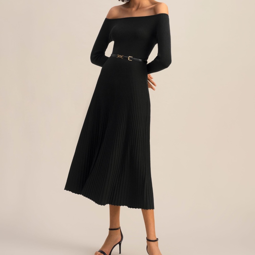 Off-the-Shoulder Black Ribbed Midi Dress with Waist Belt